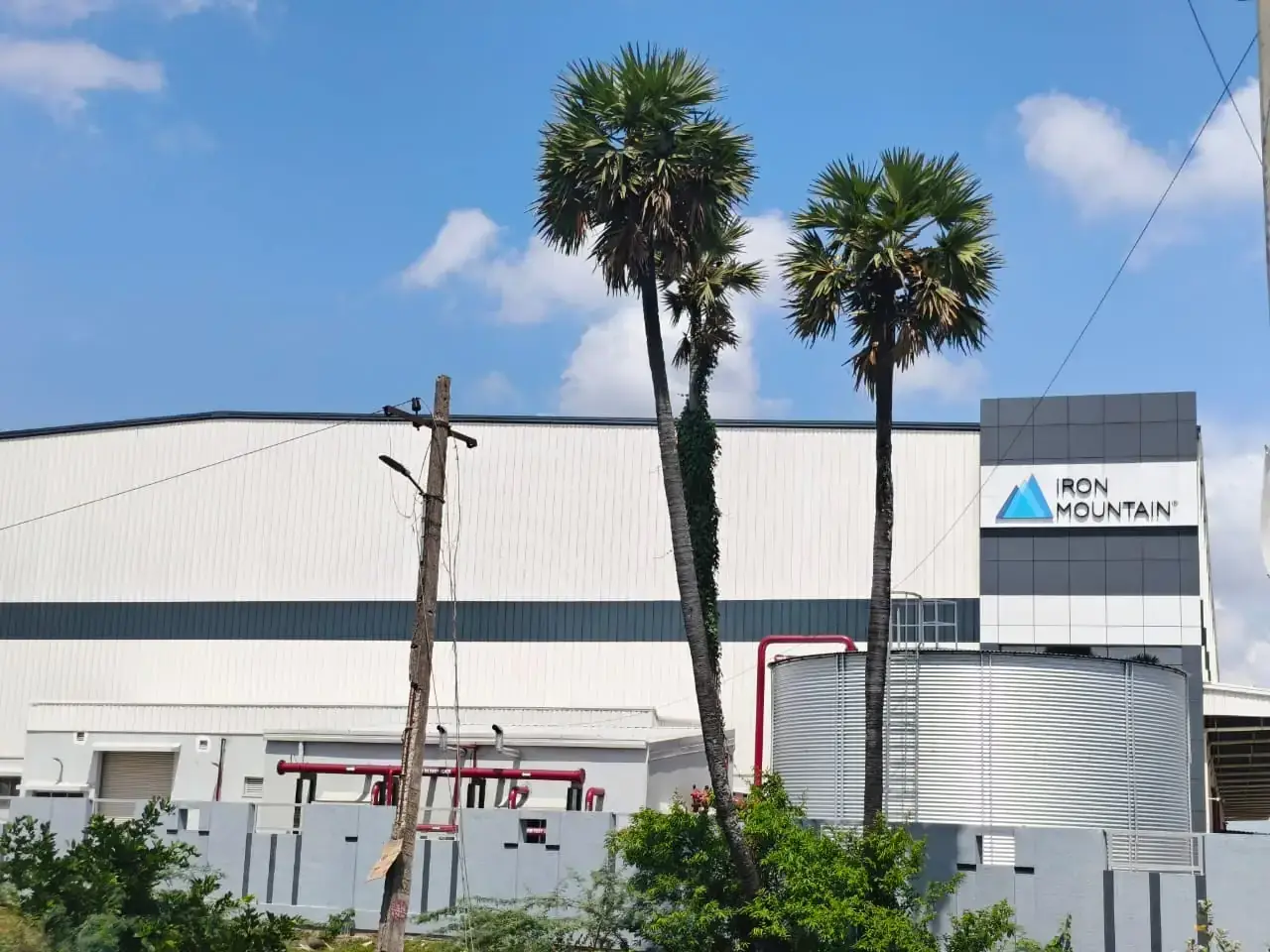 Industrial warehouse facade with branding